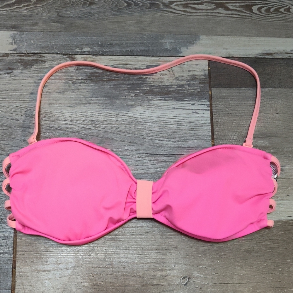 5/$25 SALE PINK Victoria's Secret Small Padded Neon Pink Bikini Top Peach Straps